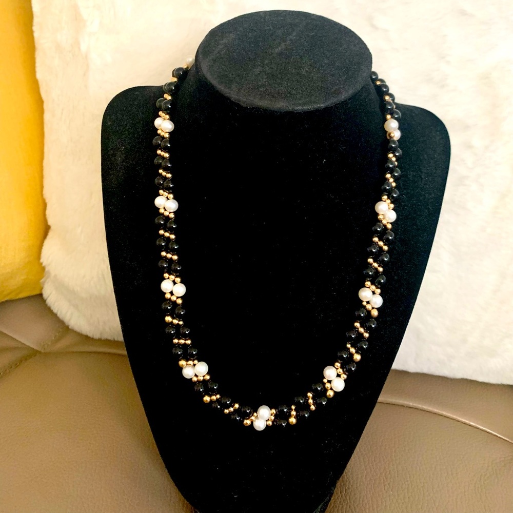 Onyx & Pearl Necklace in 10K Solid Gold